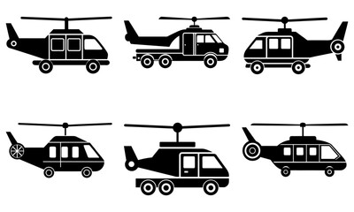 Six Black Helicopter Silhouettes on White Background transportation