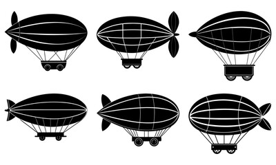 Six Black and White Airship Silhouettes on White Background blimp dirigible