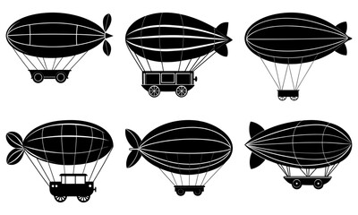Six Vintage Airships with Black and White Silhouettes on White Background transportation