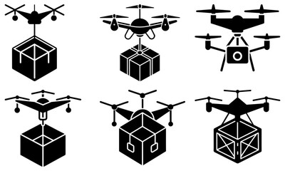 Six Drones Carrying Boxes Silhouette on White Background delivery package