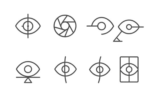 Visual Equilibrium Icons. Line style icons of visual equilibrium systems: optical center, balanced iris, pivoting lens, eye beam