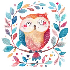 Whimsical watercolor Illustration of cute owl, surrounded by plants, illustrated with bright colors and soft lines. pink tones, fairy tale