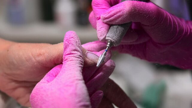 Nail Artist Refining, Expert Manicurist Carefully Sculpts Nails Using Rotary Tool For Flawless Finish. Media