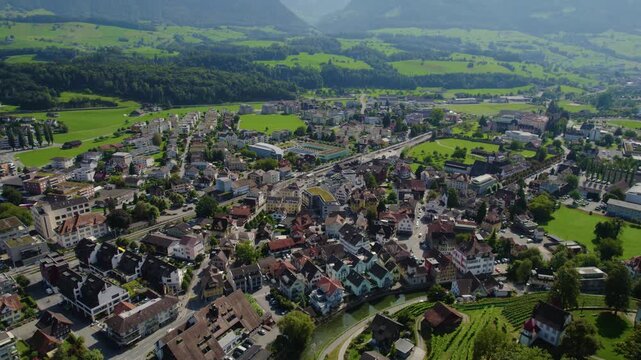 Aerial view around the old town of the city Sarnen in Switzerland on a sunny day in summer.