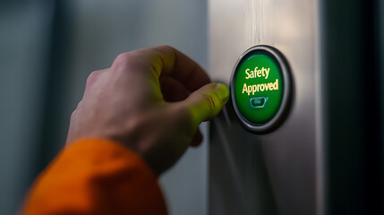 Close-up shot of finger pressing a green "Safety Approved" button.  Focus on the importance of safety compliance. Ensuring operation safety with a simple press.