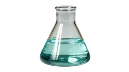 Erlenmeyer flask with blue chemical liquid, transparent background for scientific experiment and laboratory research