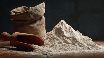 Minimal baking scene showing only flour sack corner and wooden scoop