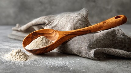 Minimal baking scene showing only flour sack corner and wooden scoop