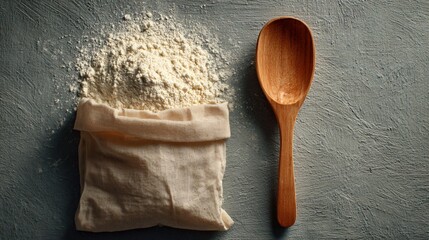 Minimal baking scene showing only flour sack corner and wooden scoop