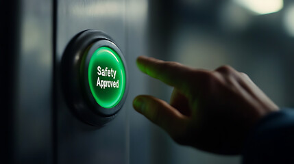Close-up of a finger about to press a green button labeled "Safety Approved," emphasizing safety measures and adherence to safety standards in an industrial setting.