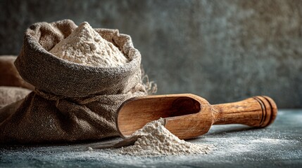 Minimal baking scene showing only flour sack corner and wooden scoop