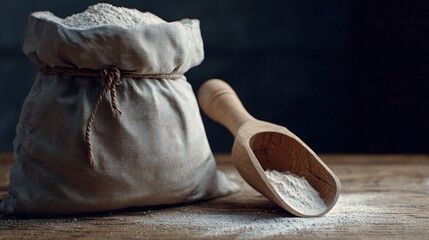 Minimal baking scene showing only flour sack corner and wooden scoop