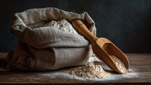 Minimal baking scene showing only flour sack corner and wooden scoop