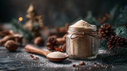 Minimal Christmas baking still life with glass jar of sugar and wooden spoon