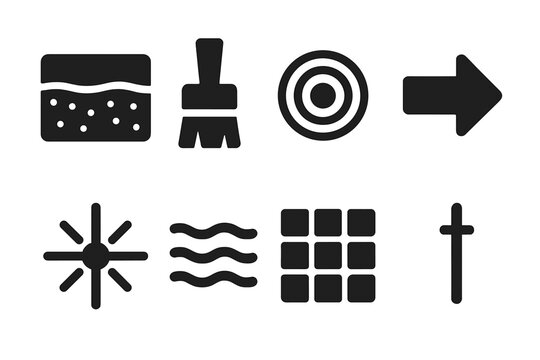 Stratigraphic Analysis Icons. Solid style icons of stratigraphic cleaning analysis: soil section, artifact brush, pulse circle,