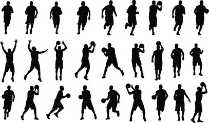 Set of Professional Basketball Player Silhouettes Featuring Athletes Dribbling Shooting and Running for Sports Competition Team Training and Fitness Design Concepts