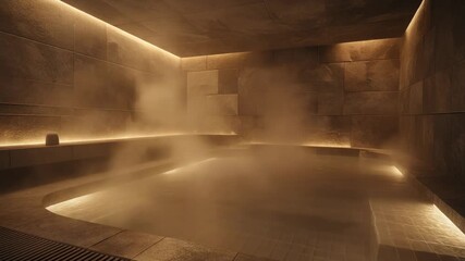 Modern luxurious steam room with hot tub, warm lighting, and stone-tiled walls, creating a serene spa environment for ultimate relaxation.
