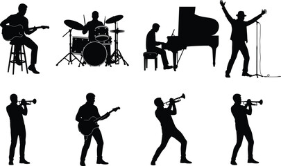 Set of Professional Musician Silhouettes Featuring Guitarists Drummers Pianists and Trumpet Players for Live Concert Stage Performance and Jazz Music Design
