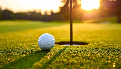 Golf ball on green grass near hole with sunset light