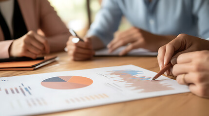 Close-up of businesspeople reviewing financial data on a table. Analyzing charts, graphs and documents. Discussing strategies, performance, and progress with colleagues.