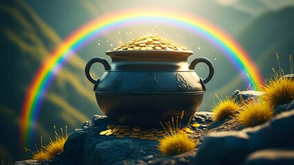 St patrick's day pot of gold at the end of a vibrant rainbow