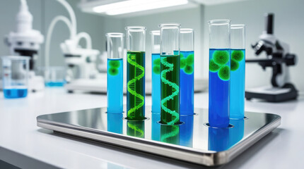 Futuristic Laboratory Test Tubes with Glowing DNA Helix and Red Liquid for Genetic Research and Biotechnology Innovation