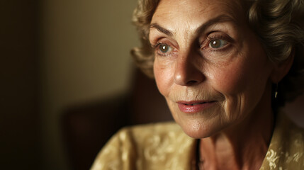 An intimate portrait captures the grace of an elderly woman. Her serene expression and subtle wrinkles tell a story of a life well-lived. Warm lighting enhances the scene.