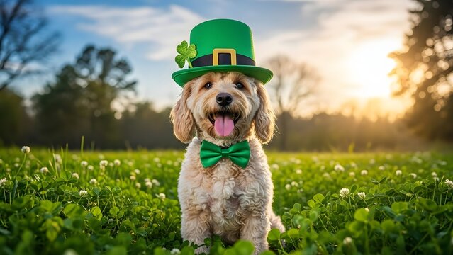 St patrick's day dog in green hat and bow tie celebrating irish luck - Powered by Adobe