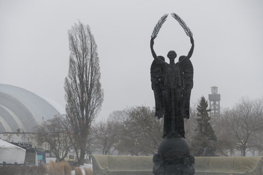 Shrine Peace Memorial The Goddess of Peace by American sculptor Charles Keck, 1930, Exhibition Place, Toronto - winter storm