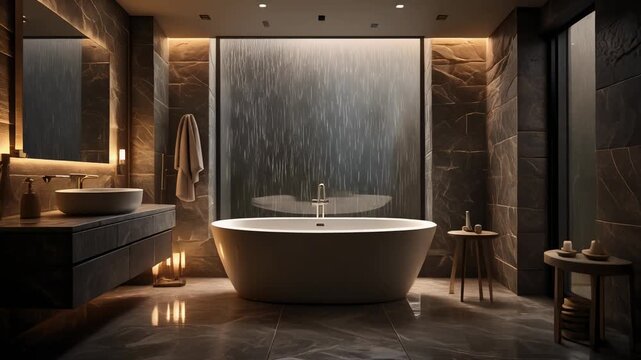 Modern luxury bathroom with freestanding tub, stylish vanity, ambient lighting, and large window showing a serene rainy view, creating a calm, sophisticated vibe.
