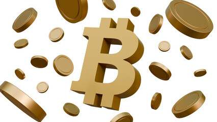 Obraz premium Bitcoin symbol with gold coins isolated. Business, crypto coin and bitcoin concept background. Cyrptocurrency concept. Profit or loss concept background.