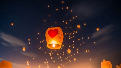 A breathtaking view of numerous glowing sky lanterns released into the night sky creating a