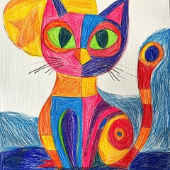 Kid cute baby doodle colorful cat sketch, kindergarten and childish toy cartoon element. Hand drawn school playground activity