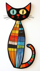 doodle-style, simple lines, children's drawings of cat, bright colors on a white background, simple drawings, children's art created with crayons