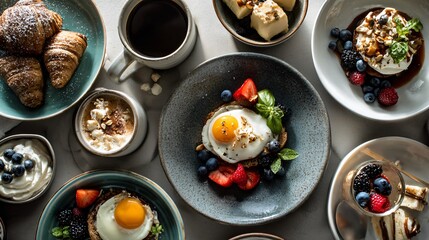 Flat lay of breakfast dishes arranged loosely, Scandinavian style