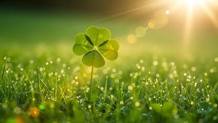 Lucky four leaf clover on st patrick's day morning with dew and sunlight