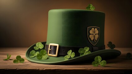 St patrick's day green top hat with shamrocks and gold buckle