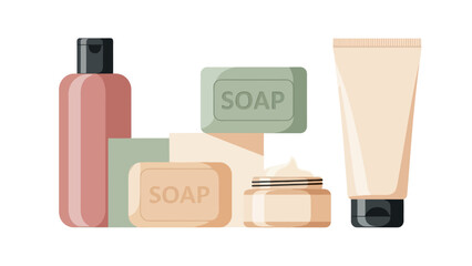 Collection of cosmetic products including soap, lotion, and cream, presented in a clean, flat illustration style