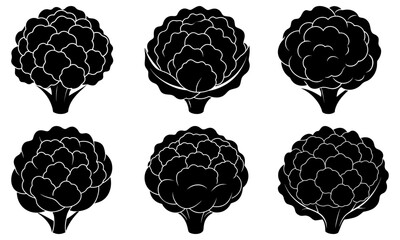 Six Artichoke Plant Silhouettes on White Background black