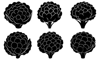 Six black and white artichoke on a transparent background vegetable plant