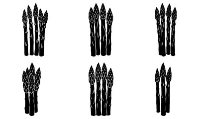 Five Bunches of Asparagus in Black Silhouette on White Background vegetable