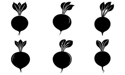 Six black beets with green leaves on white background vegetable vegetables