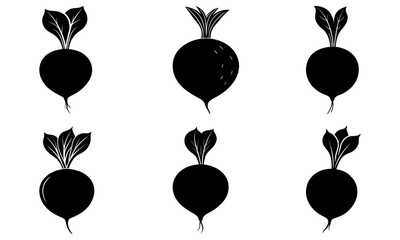 Five Black Beetroot Vegetables with Green Leaves on White Background silhouette