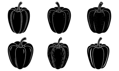 Five Black Pepper Silhouettes on White Background bell pepper vegetable