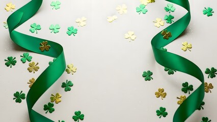 St patrick's day green ribbon and shamrock decorations for irish holiday