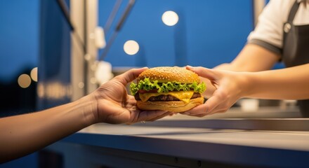 Hand reaching out to receive delicious burger topped with fresh lettuce and cheese from vendor at food truck during evening, showcasing vibrant street food culture and culinary delight