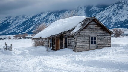 Snow drifting over rustic cabin roof