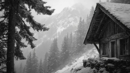 Snow drifting over rustic cabin roof