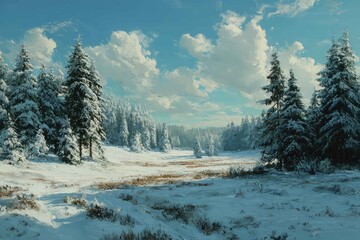 Snow dusted forest clearing under bright sky