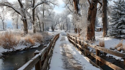 Snow dusted wooden bridge over frozen creek